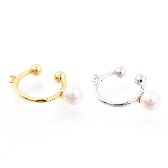 925 Sterling Silver Cuff Earrings, with Cubic Zirconia and Shell Pearl Round Beads, with S925 Stamp, White