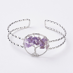 Amethyst Natural Amethyst Chip Bead Cuff Bangles, with Platinum Tone Brass Findings, 2 inchx2-3/8 inch~2-3/8 inch(50x60~62mm)