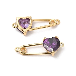 Dark Orchid Heart Shaped Glass Connector Charms, Real 18K Gold Plated Brass Safety Pin Links, Dark Orchid, 11x28.5x5.8mm, Hole: 1.4mm