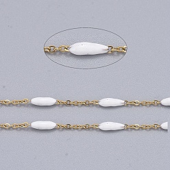 White Handmade Enamel Beaded Chains, with Stainless Steel Curb Chains and Spool, Soldered, Long-Lasting Plated, Golden, White, 1.5x1x0.1mm, about 32.8 Feet(10m)/roll