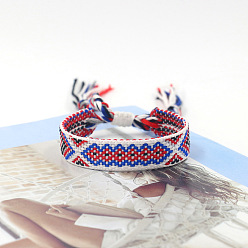 White Polyester Braided Rhombus Pattern Cord Bracelet, Ethnic Tribal Adjustable Brazilian Bracelet for Women, White, 5-7/8 inch(15cm)