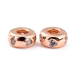 Rose Gold Brass Micro Pave Clear Cubic Zirconia Beads, Long-Lasting Plated, Cadmium Free & Lead Free, Rondelle with Heart, Real Rose Gold Plated, 6x3mm, Hole: 2.2mm