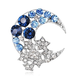 Sapphire Alloy Rhinestone Brooches, Moon & Star Brooches for Women, Sapphire, 34x34mm