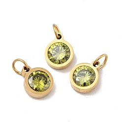 Yellow Green Vacuum Plating 304 Stainless Steel Pendants, with Cubic Zirconia and Jump Rings, Single Stone Charms, Flat Round, Golden, Yellow Green, 9.5x7.5x3mm, Hole: 3.6mm