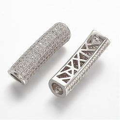 Platinum Brass Micro Pave Cubic Zirconia Tube Beads, Tube, Large Hole Beads, Hollow, Clear, Platinum, 30x8.5x8mm, Hole: 5mm