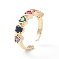 Real 18K Gold Plated Colorful Cubic Zirconia Heart Cuff Ring, Infinity Love Brass Open Ring for Women, Cadmium Free & Lead Free, Real 18K Gold Plated, US Size 7 3/4(17.9mm)