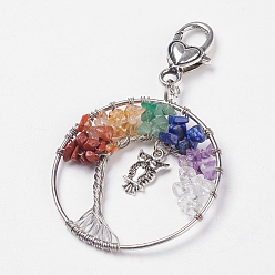 Mixed Color Chip Natural Gemstone Big Pendants, with Brass Wires, Alloy Owl, Alloy Lobster Claw Clasps, Tree, Antique Silver & Platinum, Mixed Color, 83mm