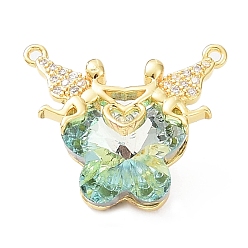 Medium Aquamarine Glass Pendants, Butterfly Charms, with Real 18K Gold Plated Rack Plating Brass Micro Pave Clear Cubic Zirconia Angel, Long-Lasting Plated, Cadmium Free & Lead Free, Medium Aquamarine, 23.5x29x12mm, Hole: 1.6mm