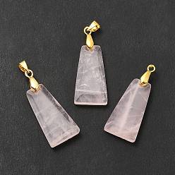 Rose Quartz Natural Rose Quartz Pendants, Faceted Trapezoid Charms, with Rack Plating Golden Tone Brass Findings, Cadmium Free & Lead Free, 25~26x12.5~13x3.5~4mm, Hole: 5x4mm