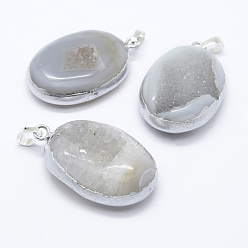 Agate+Crystal Oval Brass Natural Crystal Agate Pendants, Druzy Trimmed Stone, Silver Color Plated, 41x26x12.5mm, Hole: 5x7mm
