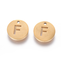 Letter F 304 Stainless Steel Charms, Ion Plating (IP), Flat Round, Letter.F, 10x1.5mm, Hole: 1mm