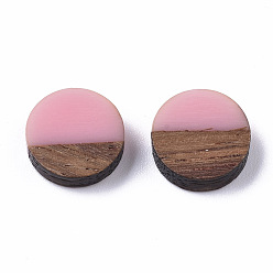Pink Resin & Wood Cabochons, Flat Round, Pink, 10x2.5~4mm