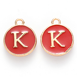 Letter K Golden Plated Enamel Alloy Charms, Enamelled Sequins, Flat Round, Red, Letter K, 14x12x2mm, Hole: 1.5mm, 100pcs/Box
