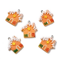 Sandy Brown Opaque Resin Pendants, with Platinum Tone Iron Loops, Imitation Gingerbread, Christmas Theme, House, Sandy Brown, 30.5x29x5mm, Hole: 2mm