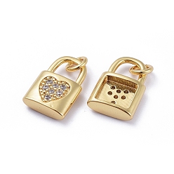 Golden Brass Micro Pave Cubic Zirconia Pendants, with Jump Rings, Long-Lasting Plated, Lock with Heart, for Valentine's Day, Clear, Golden, 15x10x3.5mm, Hole: 3mm