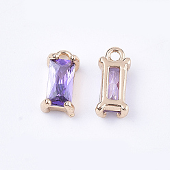 Púrpura Media Encantos de cristal transparente, con fornituras de latón, facetados, Rectángulo, la luz de oro, púrpura medio, 8.5x4x3 mm, agujero: 1 mm