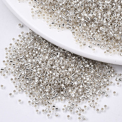Plata Abalorios de la semilla de cristal, apto para bordado a máquina, plata forrada, rondo, plata, 11/0, 2x1.5 mm, agujero: 1 mm, sobre 30000 unidades / bolsa