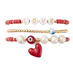 Red 3Pcs 3 Style Natural Pearl & Glass & Acrylic Word Stretch Bracelets Set, Evil Eye & Brass Heart Stackable Bracelets for Valentine's Day, Red, Inner Diameter: 2-1/4 inch(5.8cm), 1Pc/style