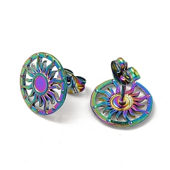 Rainbow Color Ion Plating(IP) 304 Stainless Steel Stud Earring Cabochon Settings, Flat Round with Sun, Rainbow Color, Tray: 3mm, 12mm, Pin: 0.8mm