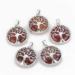 Carnelian Natural Carnelian Pendants, with Brass Findings, Flat Round with Tree of Life, Dyed, Platinum, 30.5x27x8mm, Hole: 7x3mm