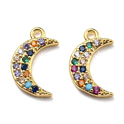 Golden Brass Cubic Zirconia Charms, with Enamel, Moon, Colorful, Golden, 13.5x8x2mm, Hole: 1mm