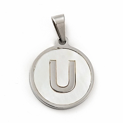 Letter U 304 Stainless Steel with White Shell Pendants, Stainless Steel Color, Flat Round with Letter Charm, Letter.U, 18x16x1.5mm, Hole: 3x6mm