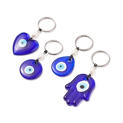 Mixed Shapes Handmade Lampwork Blue Evil Eye Keychain Key Ring, Natural Pearl Bead Lucky Eyes Charm for Good Luck and Protection, Mixed Shapes, 7.2~9.3cm, Pendant: 30~50x29~36x5~6.5mm