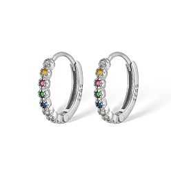 Platinum Rhodium Plated 925 Sterling Silver Micro Pave Colorful Cubic Zirconia Hoop Earrings, with S925 Stamp, Platinum, 12mm