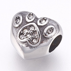 Crystal 304 Stainless Steel European Beads, Large Hole Beads, with Rhinestone, Heart with Dog Footprints, Antique Silver, Crystal, 10.5x11.5x9mm, Hole: 4mm