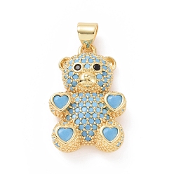Light Blue Brass Cubic Zirconia Pendants, Golden, Bear with Heart Charm, Light Blue, 23x15x4mm, Hole: 4X5mm