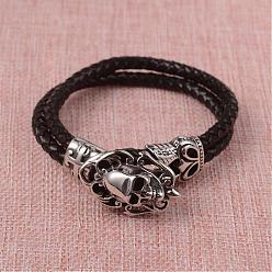 Black Braided Leather Cord Bracelets, Multi-strand Bracelets, with 316 Stainless Steel Skull Clasps, Antique Silver, Black, 9-1/8 inch(23.3cm)