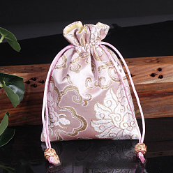 Pearl Pink Chinese Style Flower Pattern Satin Jewelry Packing Pouches, Drawstring Gift Bags, Rectangle, Pearl Pink, 14x11cm