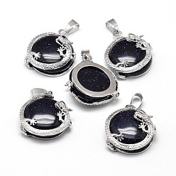 Blue Goldstone Flat Round with Dragon Platinum Plated Brass Synthetic Blue Goldstone Pendants, Cadmium Free & Lead Free, 26.5x24x9mm, Hole: 7x4mm