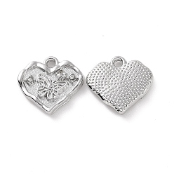 Platinum Alloy Crystal Rhinestone Pendants, Heart with Butterfly Charms, Platinum, 14x15x3mm, Hole: 1.6mm