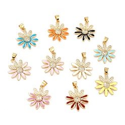 Mixed Color Real 18K Gold Plated Brass Micro Pave Cubic Zirconia Pendants, with Enamel, Long-Lasting Plated, Flower, Mixed Color, 22.5x19.5x3.5mm, Hole: 3.5x4mm