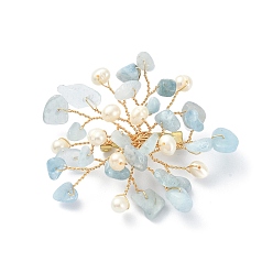 Aquamarine Natural Aquamarine Chips & Pearl Beaded Flower Brooch Pin, Golden 304 Stainless Steel Wire Wrap Lapel Pin for Women, 45~55x55~60x10mm