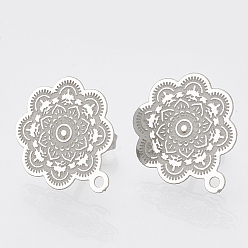 Stainless Steel Color 304 Stainless Steel Stud Earring Findings, with Loop, Flower, Stainless Steel Color, 17.5x15mm, Hole: 1mm, pin: 0.7mm