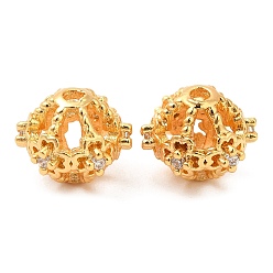Chapado en Oro Real 18K Micropave de latón transparente perlas de circonio cúbico, hueco, redondo con trébol, real 18 k chapado en oro, 9~9.5x8 mm, agujero: 1.2 mm