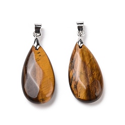 Tiger Eye Natural Tiger Eye Pendants, with Brass Platinum Tone Findings, Faceted, Teardrop Charm, 29~30.5x13x6~7mm, Hole: 4x3.5mm