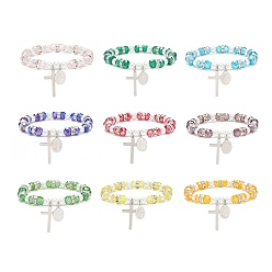 Mixed Color 9Pcs 9 Color Glass & Imitation Pearl Beaded Stretch Bracelets Set, 201 Stainless Steel Cross & 304 Stainless Steel Virgin Mary Charms Stackable Bracelets for Women, Mixed Color, Inner Diameter: 2-1/8 inch(5.5cm), 1Pc/color