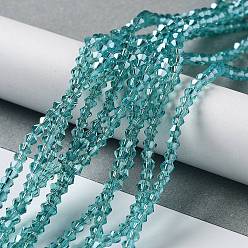 Cyan Perles en verre electroplate, la moitié plaqué or, facette, Toupie, cyan, 3x3mm, Trou: 1mm, Environ 128~135 pcs/chapelet, 13.8 pouce
