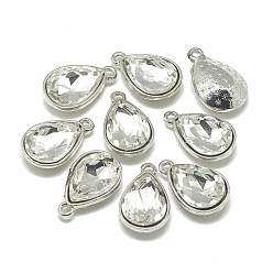 Clear Alloy Glass Charms, Faceted, teardrop, Platinum, Clear, 14.5x9x5mm, Hole: 1.5mm