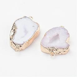White Electroplate Natural Druzy Geode Quartz Crystal Links connectors, with Brass Findings, Nuggets, Golden, White, 22~45x10~35x4~5.5mm, Hole: 2mm