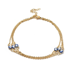 Golden 304 Stainless Steel Curb Chains Triple Layered Anklet, Blue Enamel Evil Eye Links Anklet for Women, Golden, 8-5/8 inch(22cm)