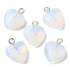 Opalite Opalite Pendants, Heart Charms with Platinum Plated Brass Loops, 14.8~15x12x4.1~4.6mm, Hole: 2mm
