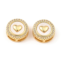 Heart Brass Micro Pave Clear Cubic Zirconia Slide Charms, with Shell, Long-Lasting Plated, Lead Free & Cadmium Free, Real 18K Gold Plated, Flat Round, Heart, 13x5.5mm, Hole: 5x2mm