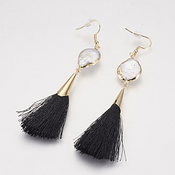 Black Tassel Dangle Earrings, with Brass Findings and Pearl, Golden, Black, 95~99mm, Pin: 0.8mm, Pendant: 54~56x7mm