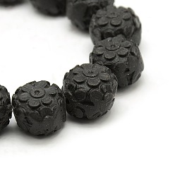 Black Chinoiserie Jewelry Making Cinnabar Carved Flower Column Cameo Beads Strands, Black, 16x13mm, Hole: 1mm, about: 15.7 inch, 23pcs/strand