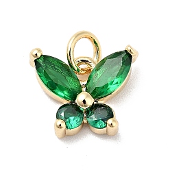 Green Rack Plating Brass Micro Pave Cubic Zirconia Charms, with Jump Ring, Cadmium Free & Lead Free, Real 18K Gold Plated, Butterfly Charms, Green, 12.5mm, Hole: 3mm