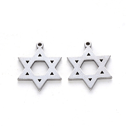 Stainless Steel Color Religion Theme, 304 Stainless Steel Pendants, Laser Cut, for Jewish, Star of David, Stainless Steel Color, 17x14x1mm, Hole: 1.2mm